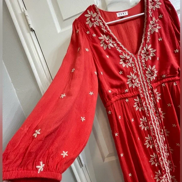 THML | Dresses | Redorange Peasant Dress Wwhite Embroidery | Poshmark